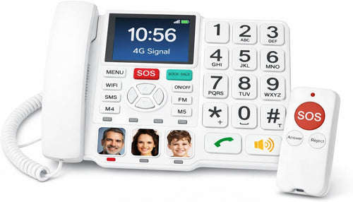 A white special needs or emergency calling telephone with a large keypad, screen showing time and signal, three small portrait photos near the keypad, a green call button, and an attached white remote control with a red SOS button, shown on a white background.