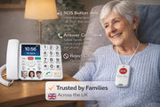 A white emergency landline phone with a large keypad and screen sits on a wooden table next to an older woman wearing a white SOS neck alarm. The image includes text callout labels pointing to SOS Button, Answer Calls, and Reject Calls, along with a 'Trusted by Families' badge.
