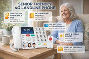 A senior-friendly 4G landline phone shown on a wooden table with an elderly woman seated in the background. The phone is white with large, easy-to-press buttons and a small screen.