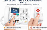 A white emergency landline phone with large easy-to-press buttons shown alongside a matching white SOS alarm receiver. Two hands are visible pressing the phone keypad and the alarm, with marketing text at the top and bottom emphasizing call and SOS functionality.