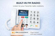 A white cordless landline phone with a built-in FM radio button highlighted, shown with text reading 'BUILT-IN FM RADIO' and 'FM CLASSICROCK'. A hand is pressing the radio button.