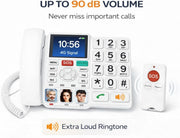 A white cordless telephone with a large keypad, a small color display, and a matching white remote control on a light gray background. Promotional text at the top reads 'UP TO 90 dB VOLUME' and 'Never miss important calls,' with 'Extra Loud Ringtone' shown at the bottom.