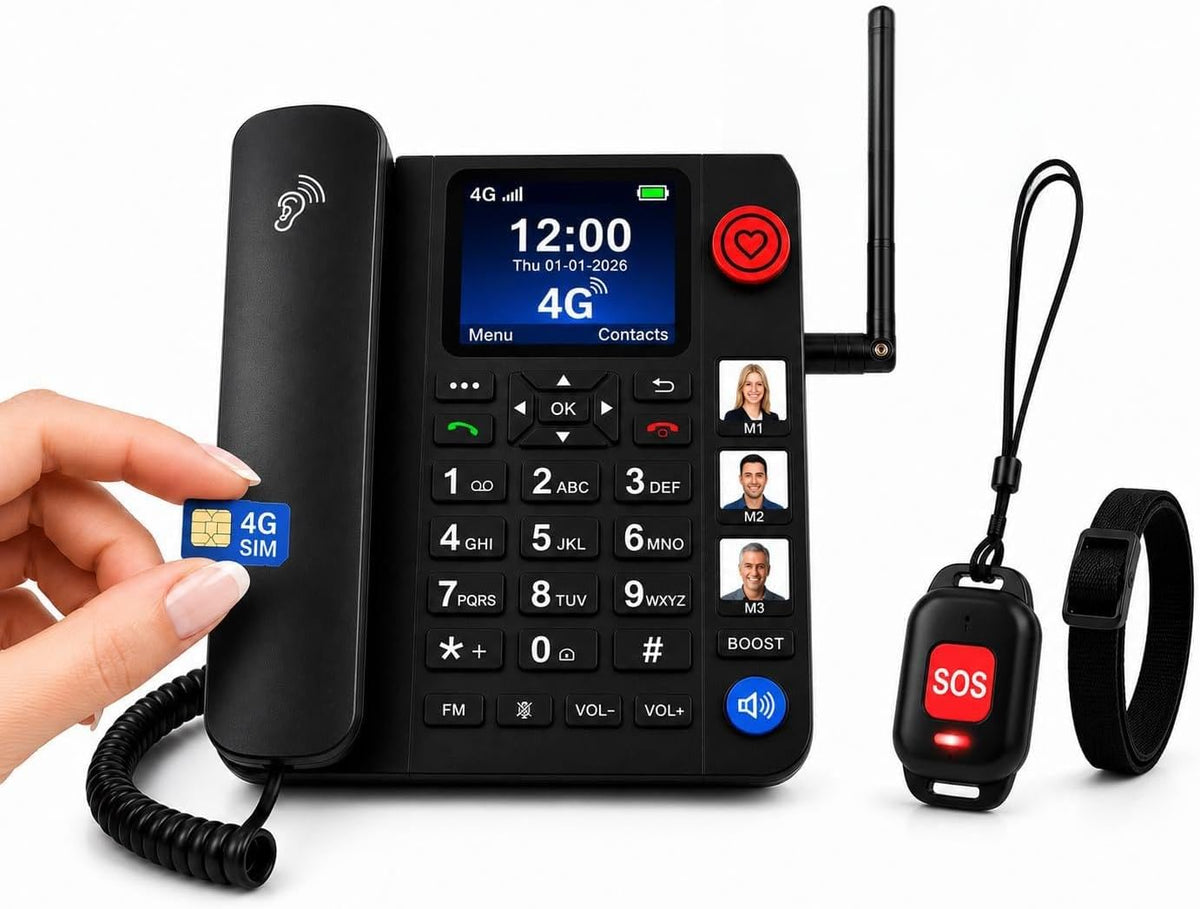 Black 4G emergency landline phone with a hand inserting a SIM card, shown with a wrist band, a black remote with a red SOS button, and a black antenna on a white background.
