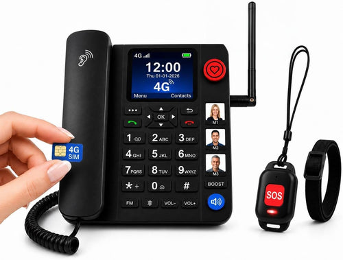 Black 4G emergency landline phone with a hand inserting a SIM card, shown with a wrist band, a black remote with a red SOS button, and a black antenna on a white background.