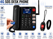 A promotional infographic for a 4G SOS desk phone. The main subject is a black landline-style phone with a blue screen, shown alongside accessories including a red handheld SOS alarm, a black wristwatch-style receiver, and a hand holding a phone.