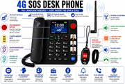A 4G SOS desk phone with a black keypad and red call buttons, shown with call diagrams, feature callouts, and a small black SOS alarm on a white background.