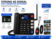 A promotional product graphic for a landline phone with an external antenna, showing the phone, a black emergency SOS keychain, a black wrist strap, and several feature callouts on a white background with blue text.