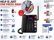 A promotional infographic for a hands-free emergency SOS landline phone. The central photo shows a hand pressing the SOS button on the phone, with red and white text and callout boxes explaining features like SOS pendant, emergency contacts, SMS alerts, and backup battery.