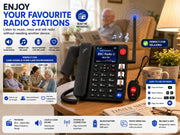 A cordless landline radio phone with a detachable antenna and a small red emergency call button, shown on a wooden desk in a home office setting. The image is a promotional infographic with text overlays highlighting features such as built-in FM radio, loud and clear sound, backup battery, and easy use.