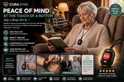 Promotional graphic for the CURA SYNC Peace of Mind help bracelet, showing an elderly woman reading in a cozy living room while wearing the black and red pendant. The graphic includes feature callouts, lifestyle images, and a close-up of the product on the right.